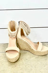Down To Earth- Beige Platform Espadrille Wedges w/ Ankle Strap Details