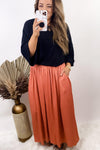 Side Hustle- {Burgundy & Salmon} Maxi Skirt w/ Side Slits & Pockets