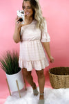 A Side Of Sweetness- Blush & Ivory Striped One Shoulder Dress w/ Ruffle Detail