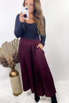 Side Hustle- {Burgundy & Salmon} Maxi Skirt w/ Side Slits & Pockets