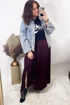 Side Hustle- {Burgundy & Salmon} Maxi Skirt w/ Side Slits & Pockets